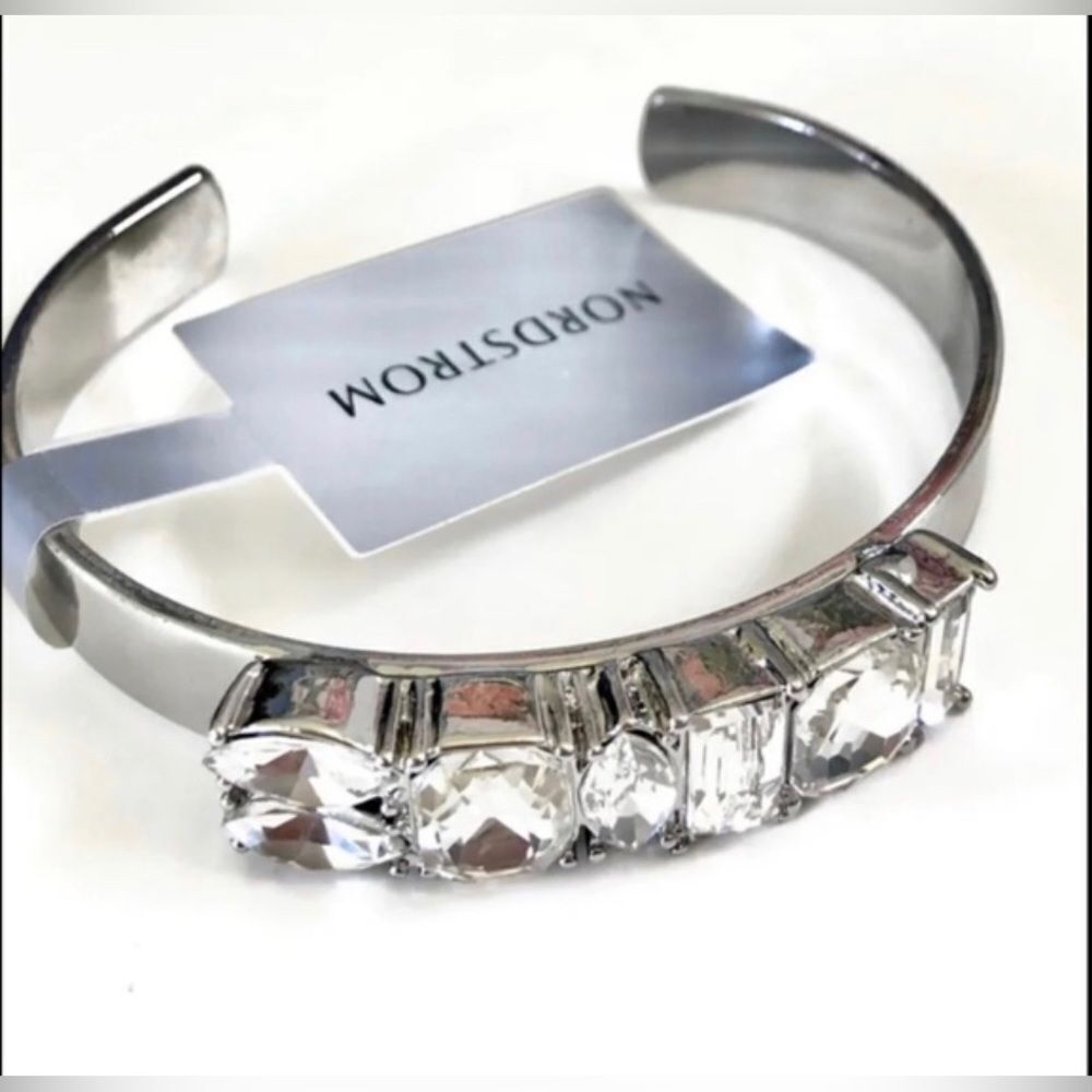 NWT *Lee Angel* Polished Silver Modern Crystal Bar Cuff Bangle